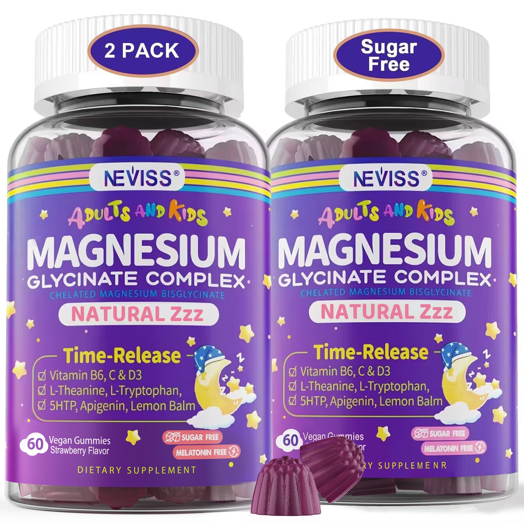 Bottle of magnesium glycinate gummies for adults and kids 4+ in a 2-pack Bottle of magnesium glycinate gummies for adults and kids 4+ in a 2-pack