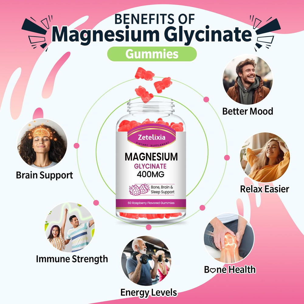 Graphic showing benefits: teeth, muscles and immune support from magnesium glycinate