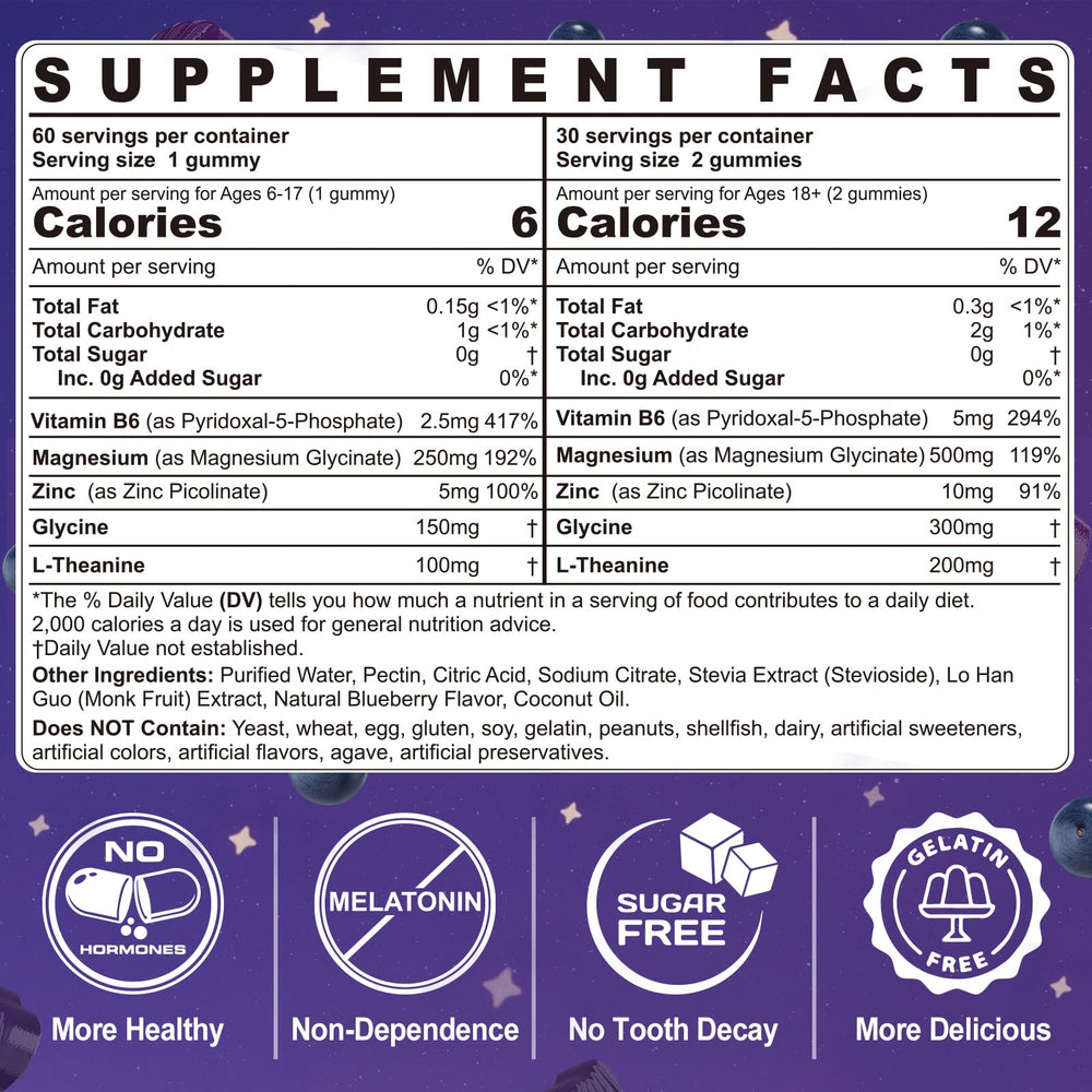 Sugar-free blueberry-flavored magnesium glycinate gummies