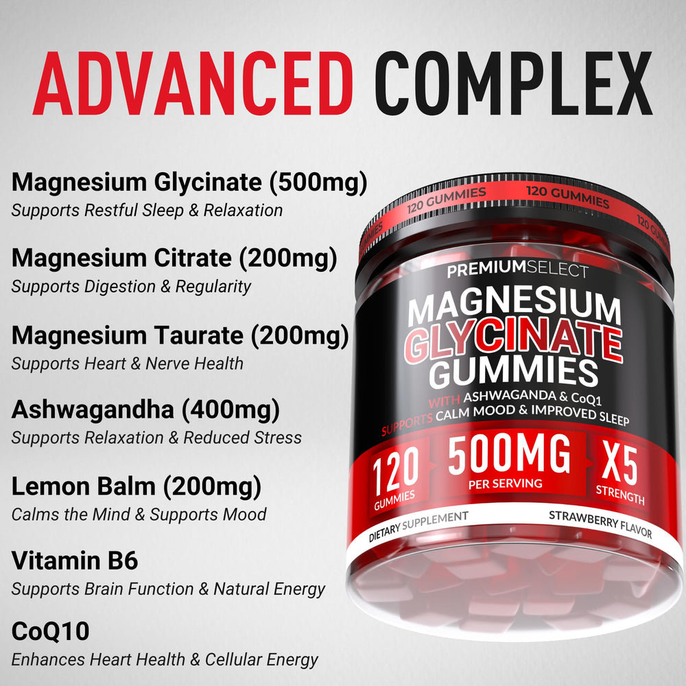 Ingredient panel highlighting magnesium blend with Ashwagandha, Lemon Balm, and CoQ10