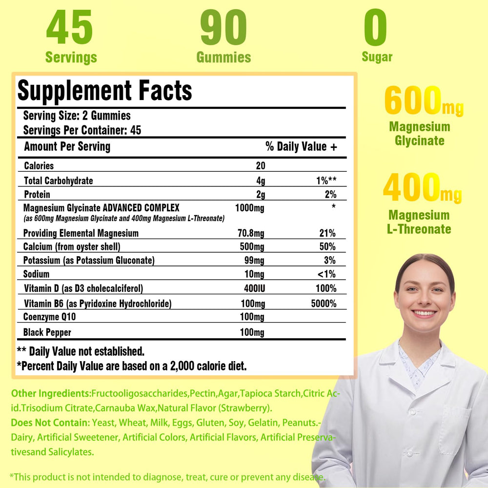 Nutrition facts label on magnesium glycinate gummies bottle