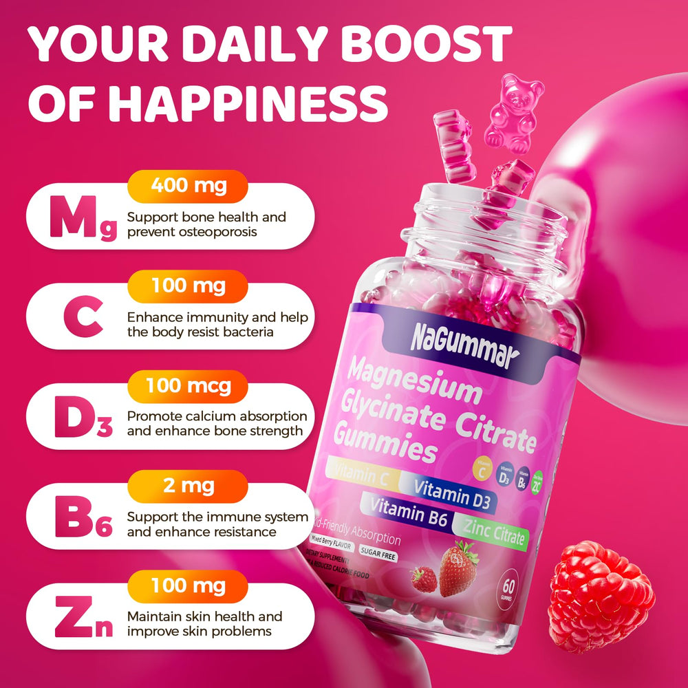 Vitamin D3 and Zinc icons on packaging of magnesium gummies