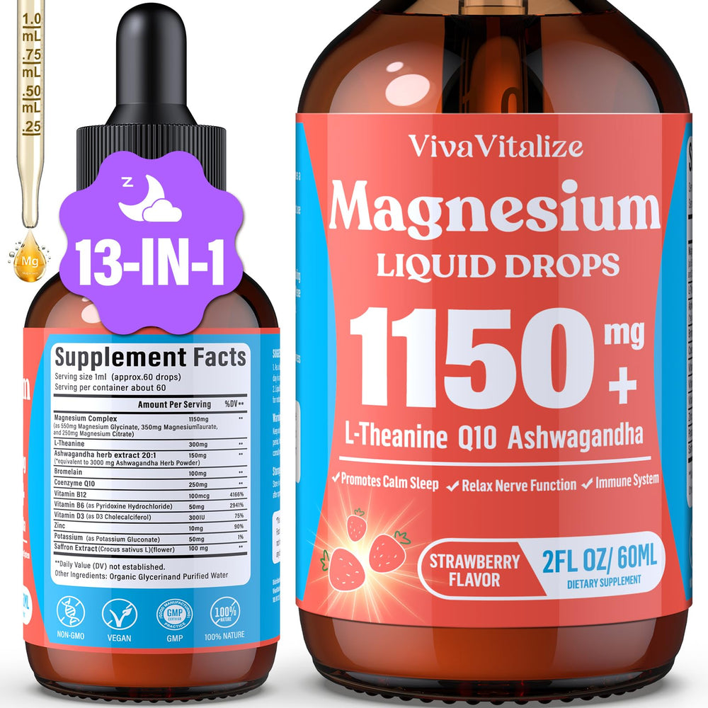 Bottle of Magnesium Glycinate Liquid showing 3x 1150mg per serving