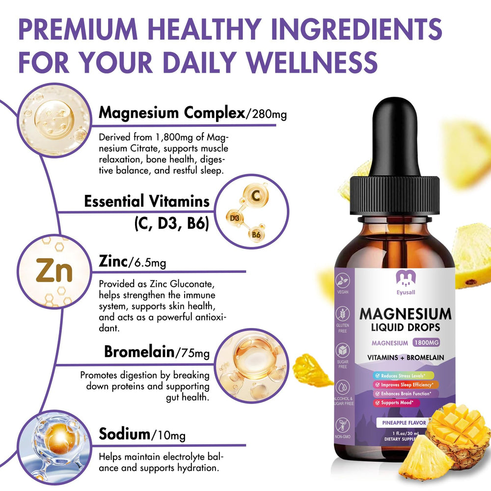 Close-up of pineapple-flavored magnesium liquid drops bottle label