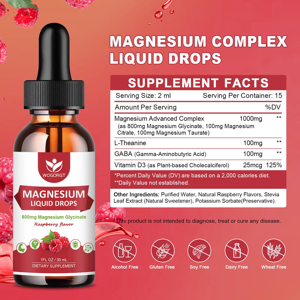 Close-up of raspberry flavored magnesium glycinate liquid drops bottle