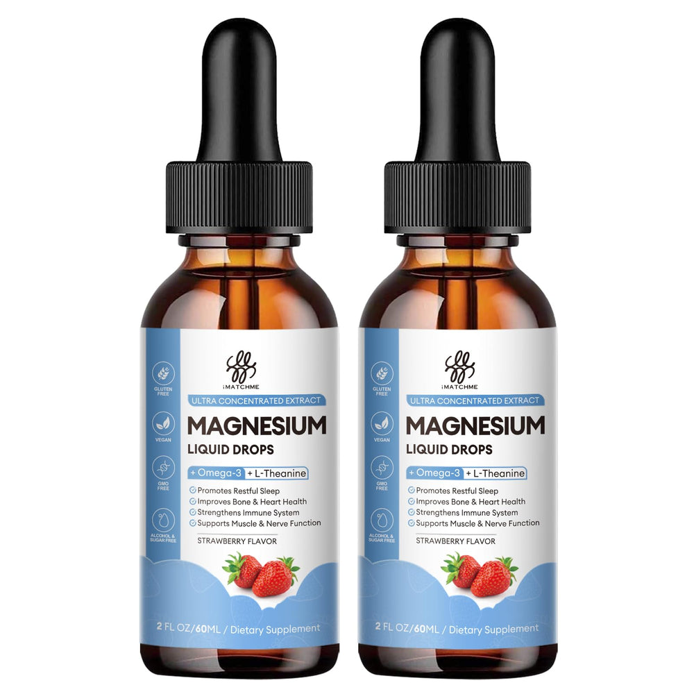 Front view of the 2-pack Magnesium Glycinate Liquid Drops strawberry flavor bottle