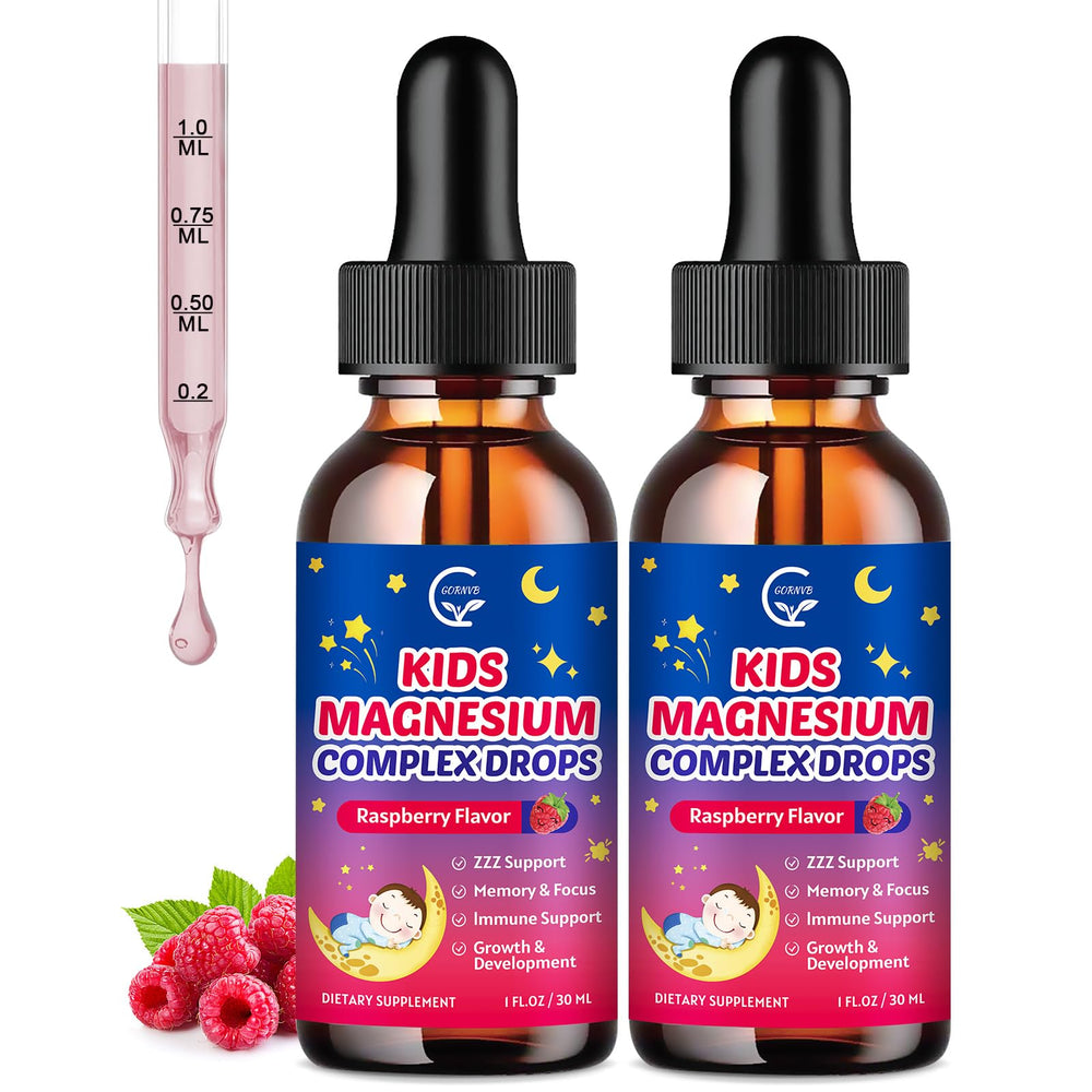 Bottle of kids magnesium glycinate liquid drops in Raspberry flavor