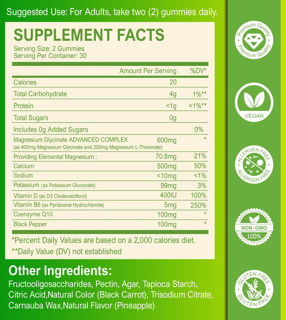 Label showing 400 mg magnesium glycinate and 200 mg L-threonate