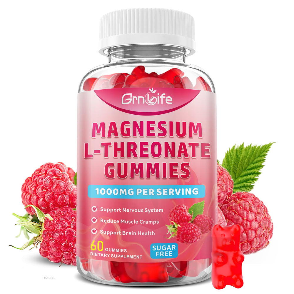 Front of bottle: Magnesium L-Threonate Gummies 1000MG Raspberry, 60-count