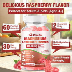 Ingredients list showing vegan, non-GMO, sugar-free status on magnesium L-Threonate gummies