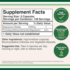 Back view of Magnesium Malate Capsules bottle showing supplement facts