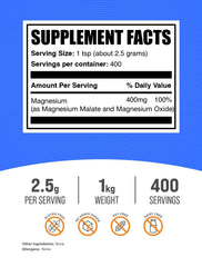 BulkSupplements Magnesium Malate Powder 1kg back label with supplement facts