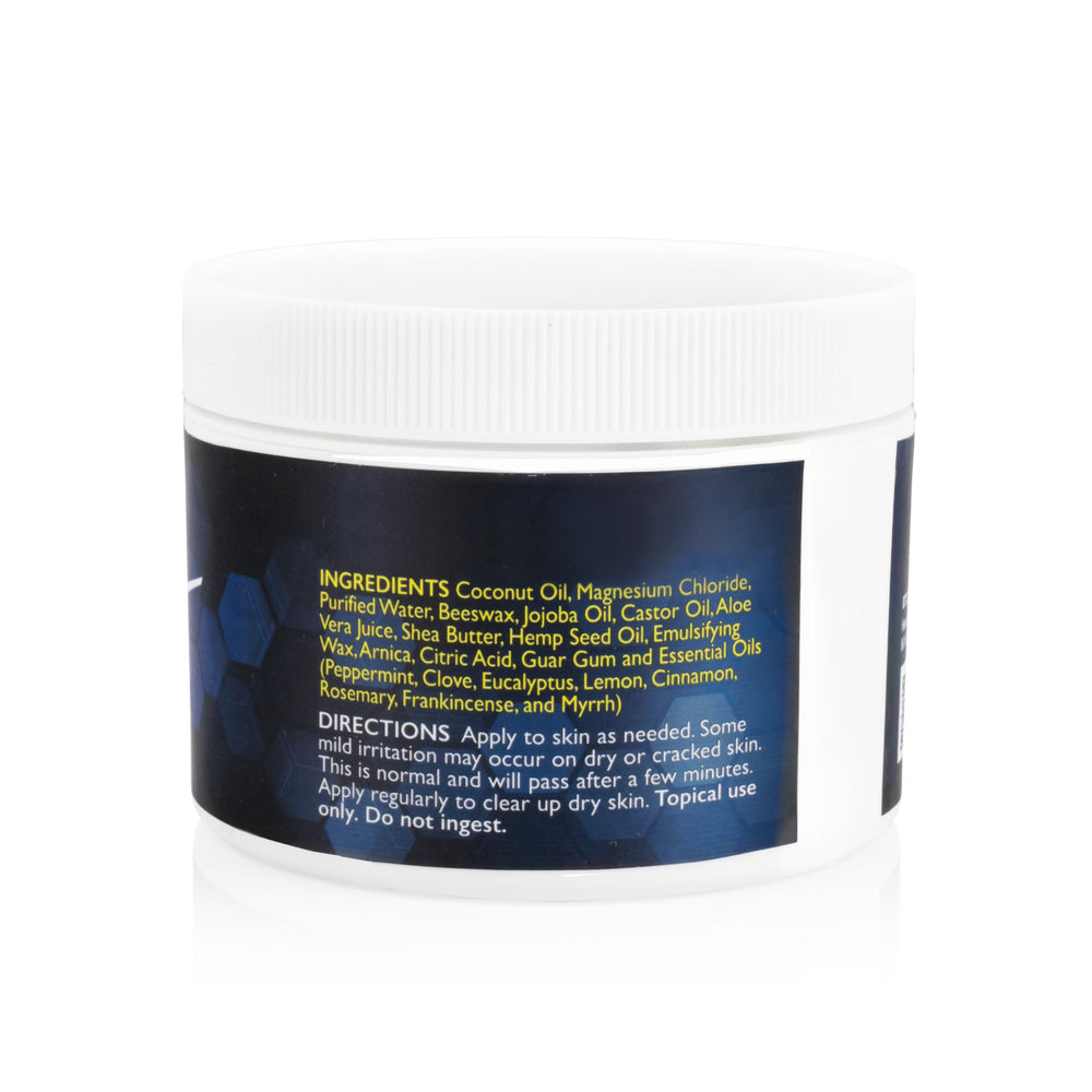 Side view of MagneSport topical magnesium balm 8oz jar