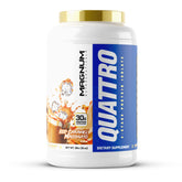 Magnum Quattro iced caramel macchiato tub shows premium protein blend for muscle recovery