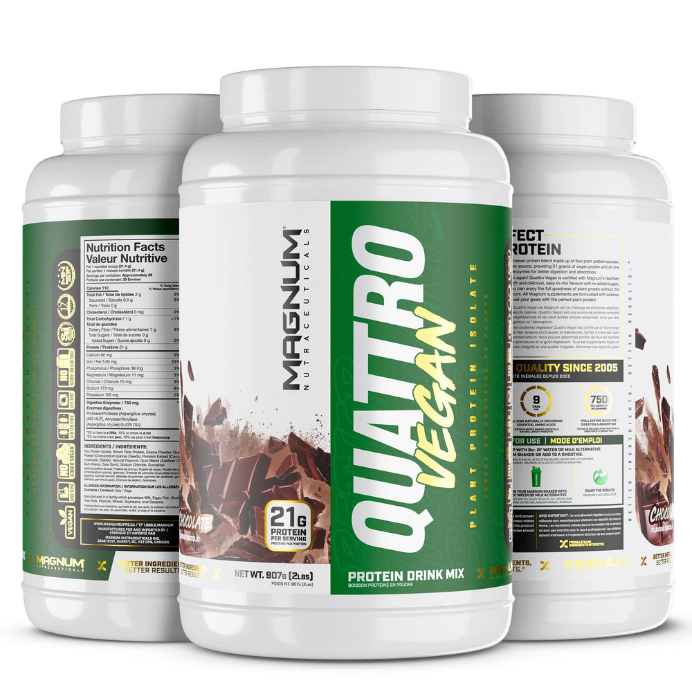 Front label of Magnum Quattro Vegan Chocolate 2lb protein powder
