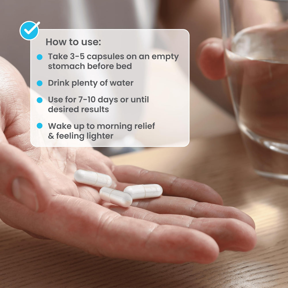 Illustration showing taking MagO7 before bed for morning bowel movement