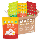 Magos Egg Chips Garlic Parmesan bag with crisp texture for quick high-protein snacking