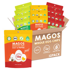 Magos Egg Chips Garlic Parmesan bag with crisp texture for quick high-protein snacking