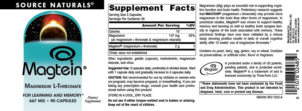 Front of Magtein bottle with 90 capsules