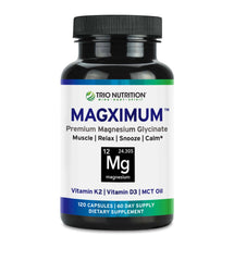MagXimum bottle with magnesium glycinate, D3, K2 and MCT oil capsules