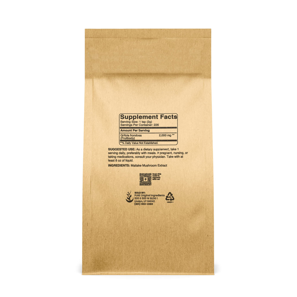 Back view and nutrition panel of Maitake Mushroom Powder 1lb