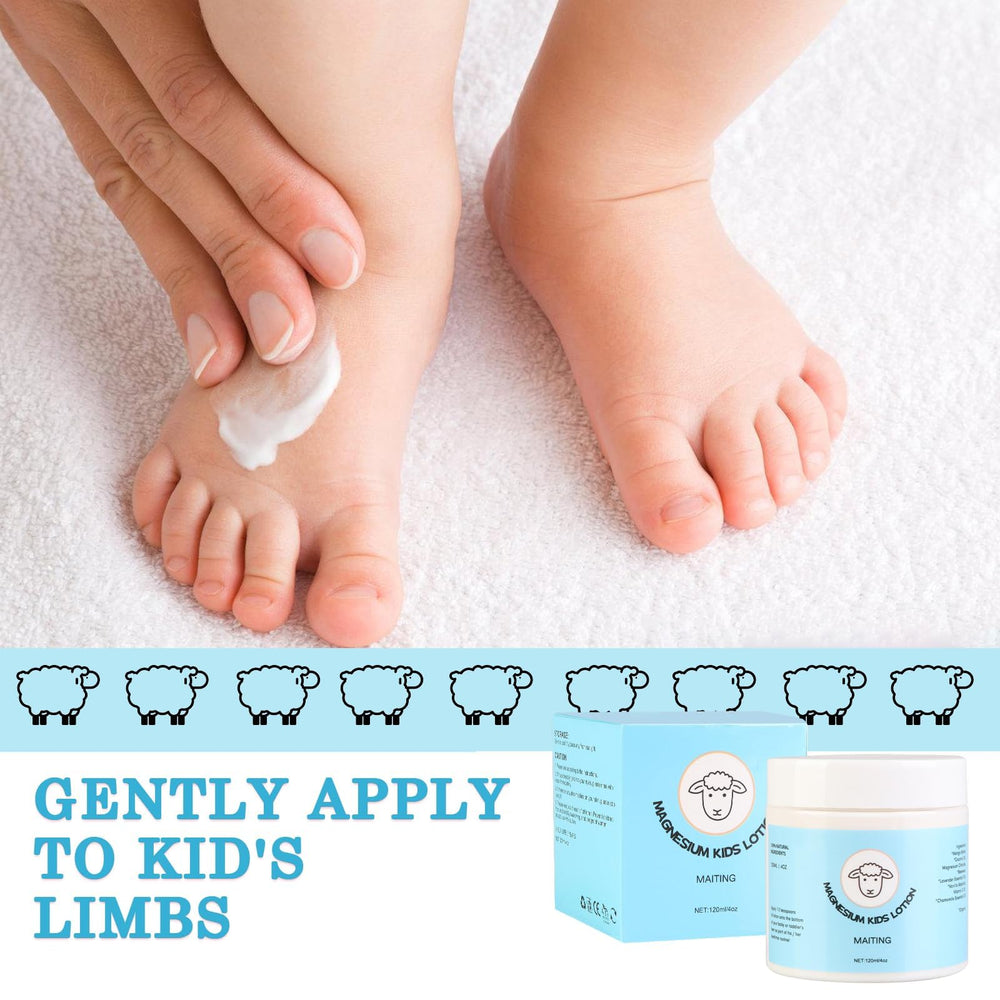 Child applying magnesium lotion to leg before bed