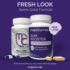 Close-up of Bum Booster Pills capsules on a neutral background