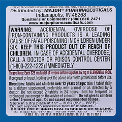 Supplement facts panel for Major FeroSul iron tablets