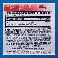 Packaging label highlighting 65mg elemental iron per tablet