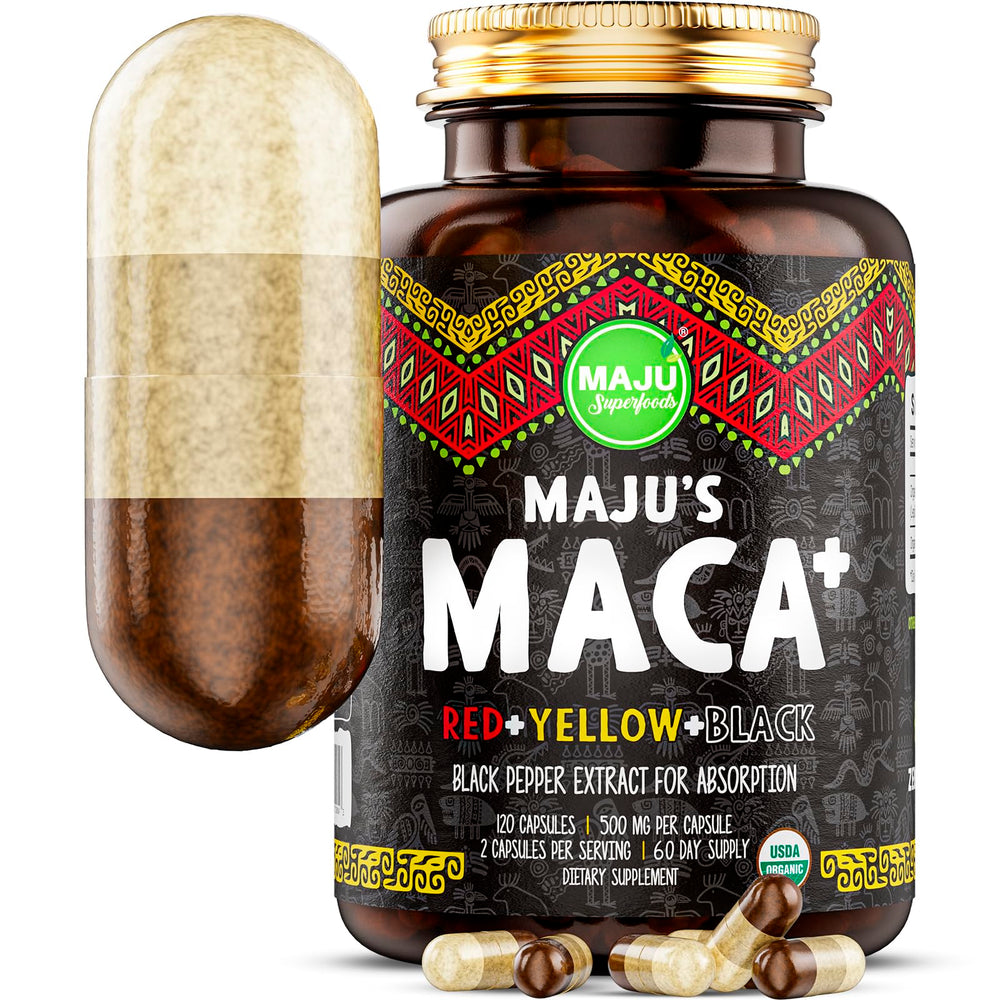 Maju 4-in-1 Maca Root Capsules bottle and Peru origin packaging