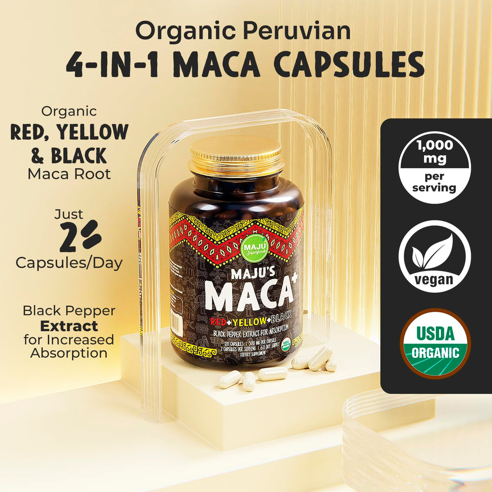 Close-up of organic Peruvian maca roots in red, yellow and black varieties
