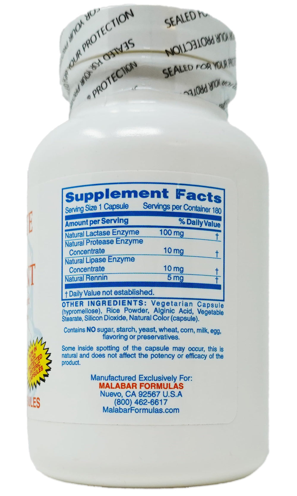 Front view of Malabar Complete Milk Digestant bottle - 180 tablets