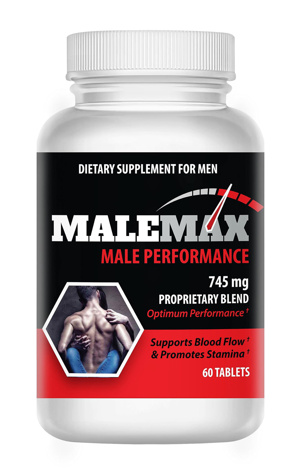 MaleMax pills bottle front, 60 tablets, for daily stamina support.
