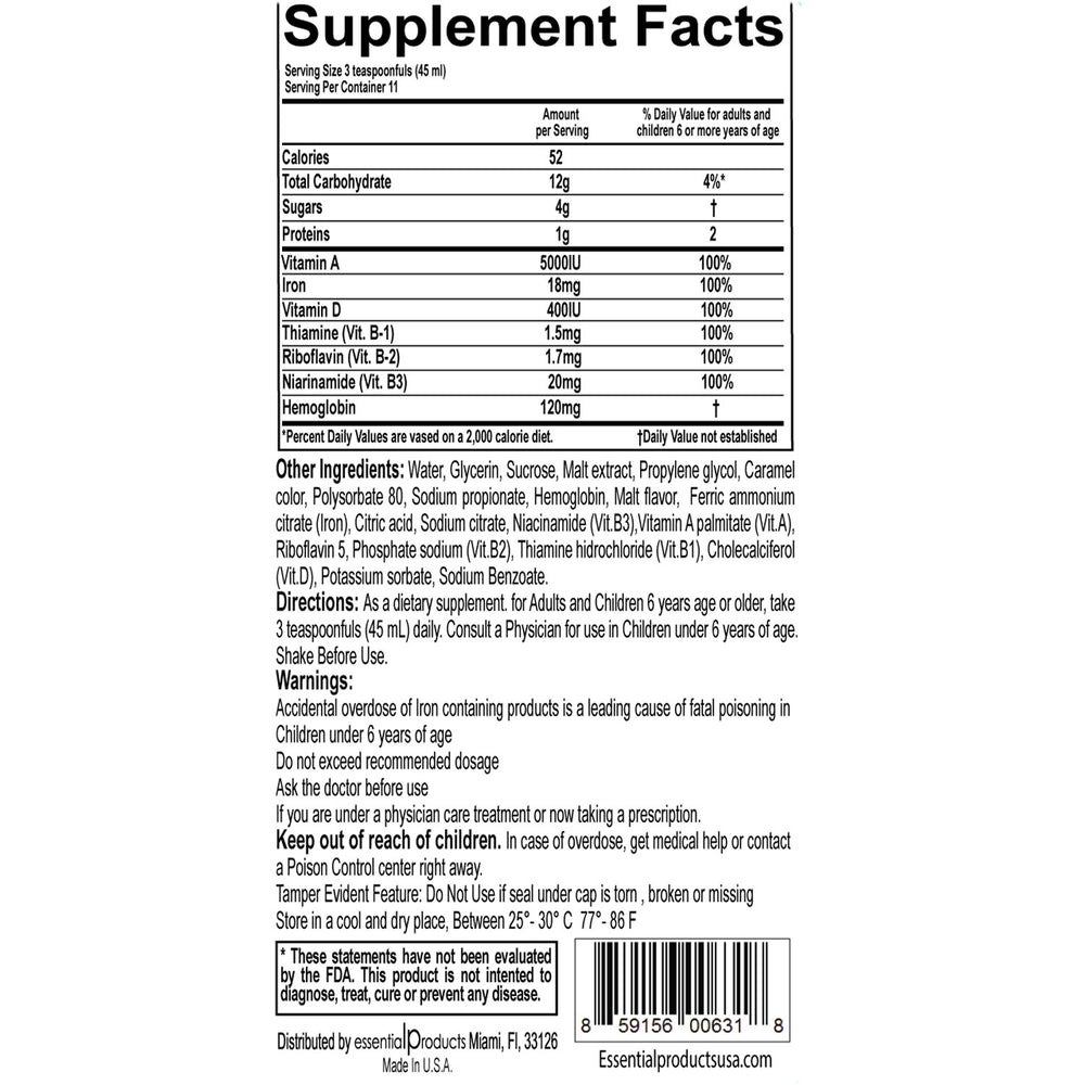 Front view of Malt Extract with Hemoglobin Fortified with Iron bottle (16 oz)