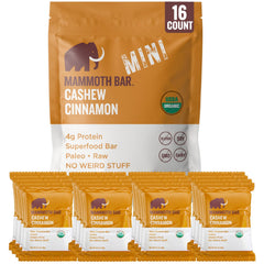 Mammoth Bar Cinnamon Cashew Mini Bar packaging showcases a gluten-free, organic snack option
