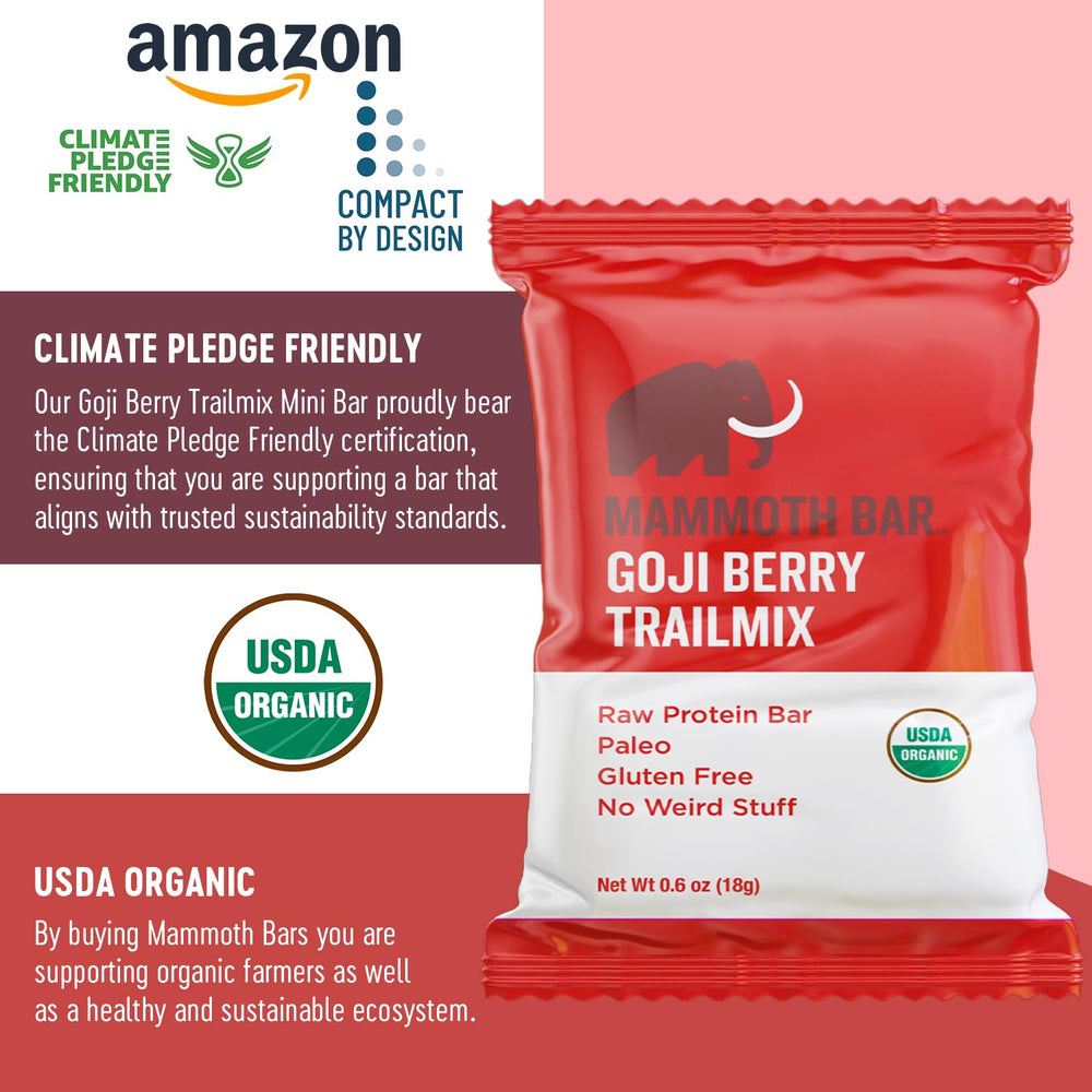 Mammoth Bar Goji Berry Trail Mix Mini Bar ingredients image highlights Goji, almonds, pistachios, seeds for protein