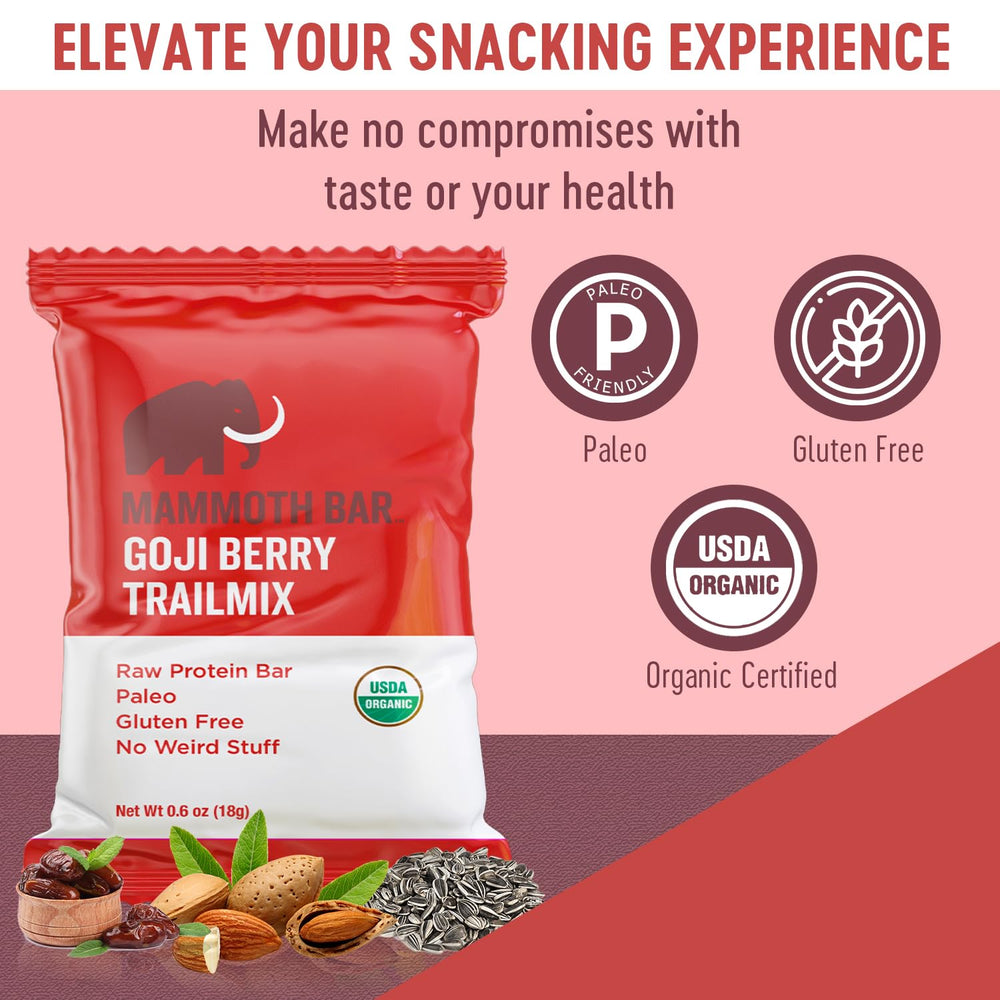 Mammoth Bar Goji Berry Trail Mix Mini Bar on the go illustrates gluten-free, paleo-friendly convenience