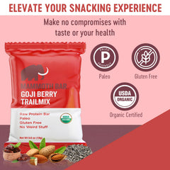 Mammoth Bar Goji Berry Trail Mix Mini Bar on the go illustrates gluten-free, paleo-friendly convenience