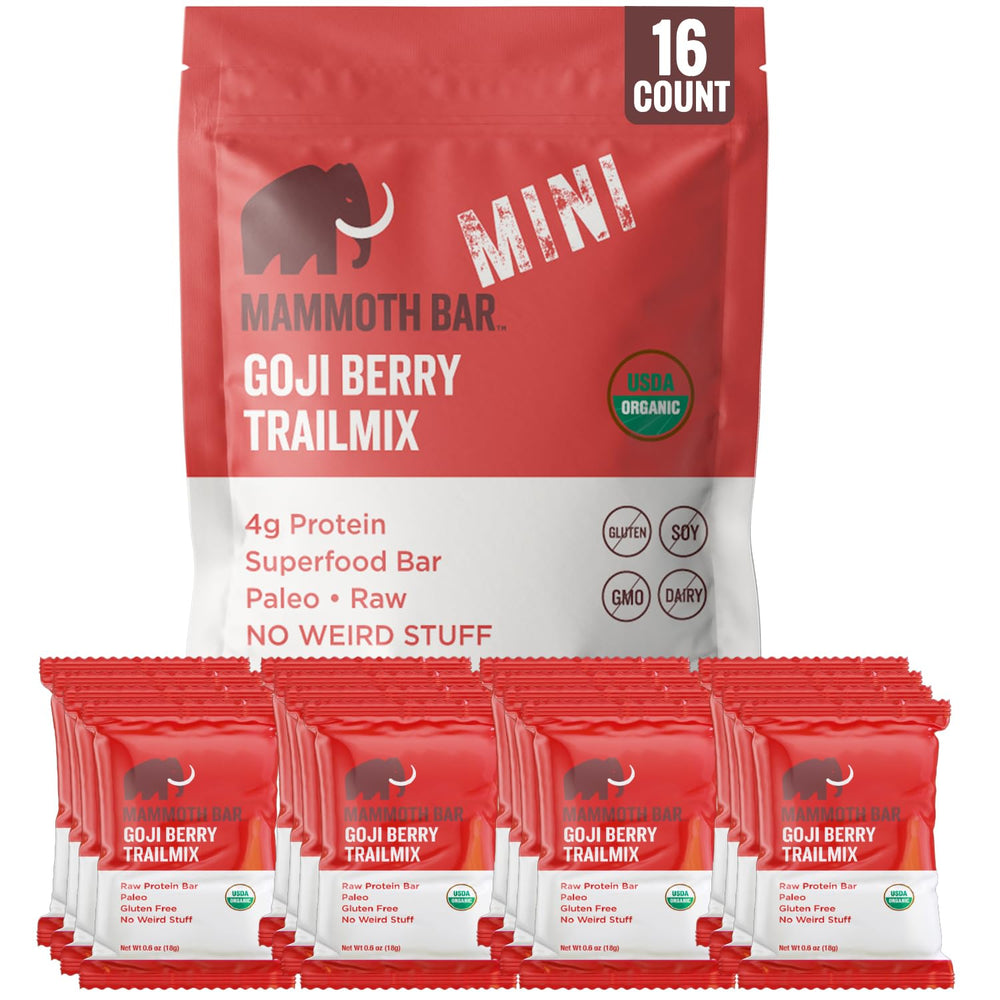 Mammoth Bar Goji Berry Trail Mix Mini Bar packaging highlights organic ingredients for convenient, on-the-go snacking