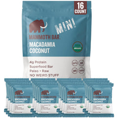 Mammoth Bar Macadamia Coconut Mini Bar packaging highlights paleo, gluten-free on-the-go snacking.