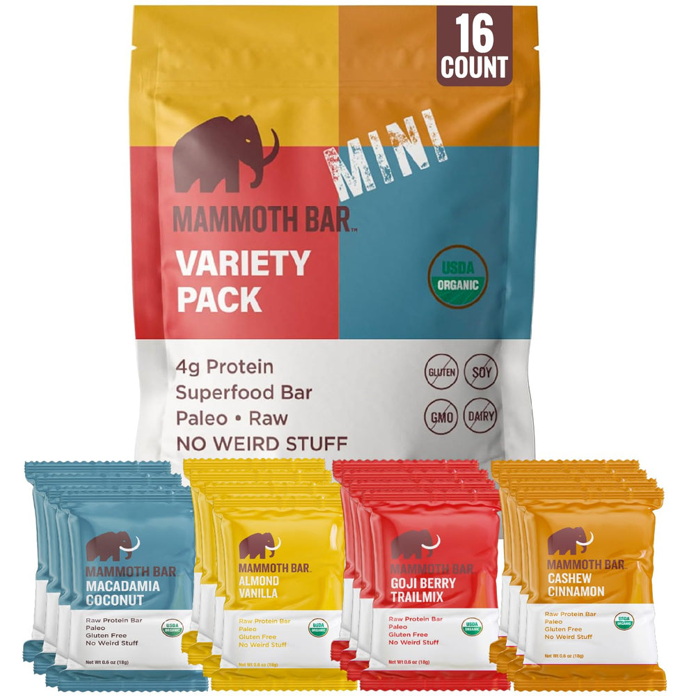 Mammoth Bar Mini variety pack front view for convenient, on-the-go snacking.