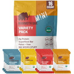 Mammoth Bar Mini variety pack front view for convenient, on-the-go snacking.
