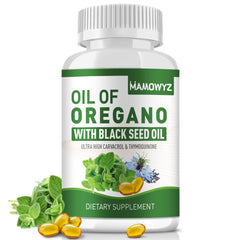 MAMOWYZ Organic Oil of Oregano with Black Seed Oil Softgel bottle – front view