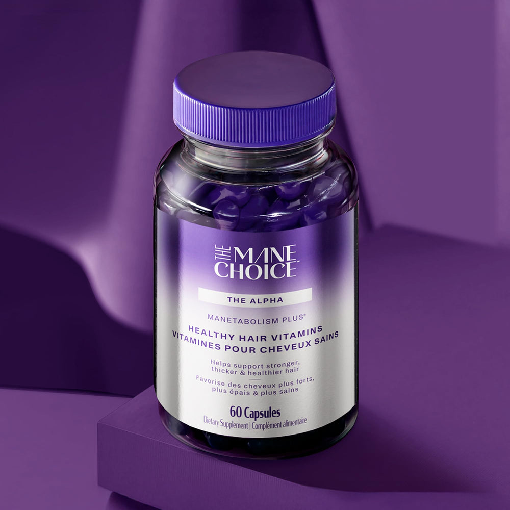 Lifestyle image depicting healthy hair and vitamin supplements