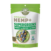 Manitoba Harvest Hemp+ Supergreens powder bottle ready for a protein-rich smoothie