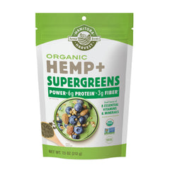 Manitoba Harvest Hemp+ Supergreens powder bottle ready for a protein-rich smoothie