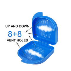 Transparent denture/mouthguard case with lid open showing interior