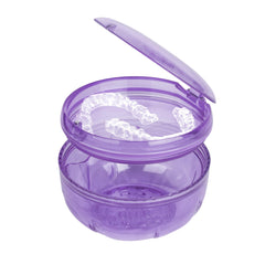 Close-up of Maoerdental double-layer no-leak retainer cleaner case in purple