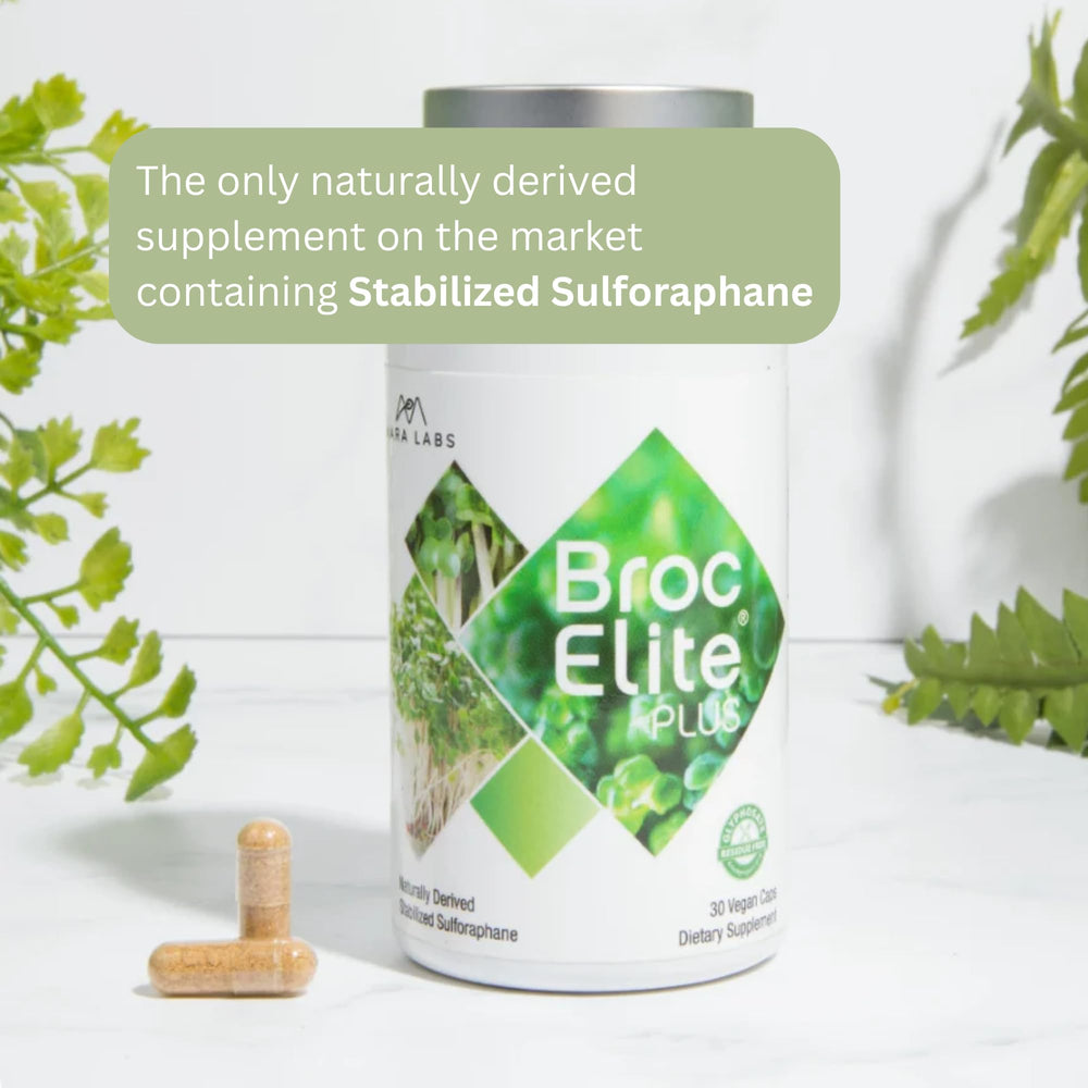 Wellness lifestyle image with broccoli and capsules