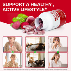 Mariayu Beet Root Capsules bottle shows vegan, non-GMO, additive-free formula.